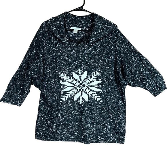 Christopher & Banks Womens Sweater Black White Snowflake 3/4 Sleeve Large - Picture 1 of 12